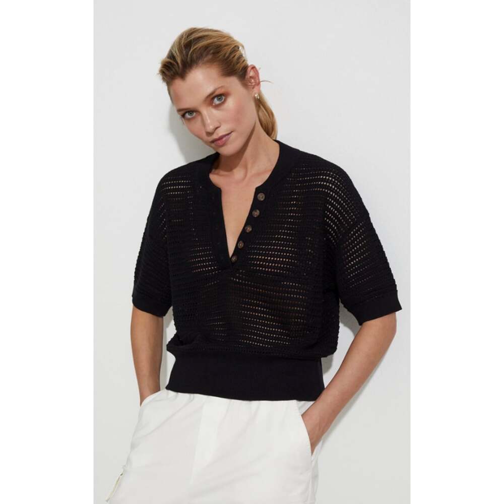 Varley Callie Knit Top Womens Small Black Cotton Open Knit Henley